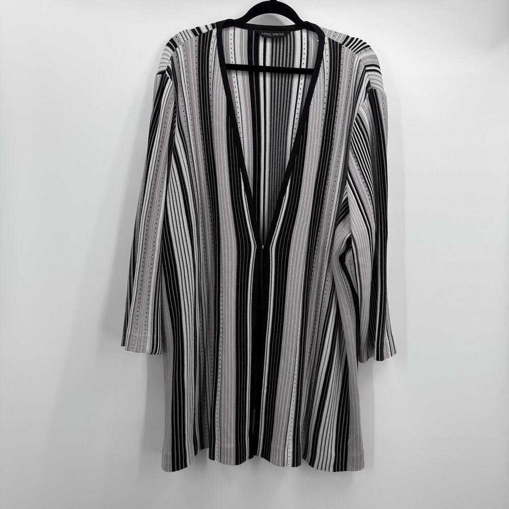 Ming Wang‎ Cardigan Sweater Womens 3XL Black Gray Striped Open Front Knit Duster